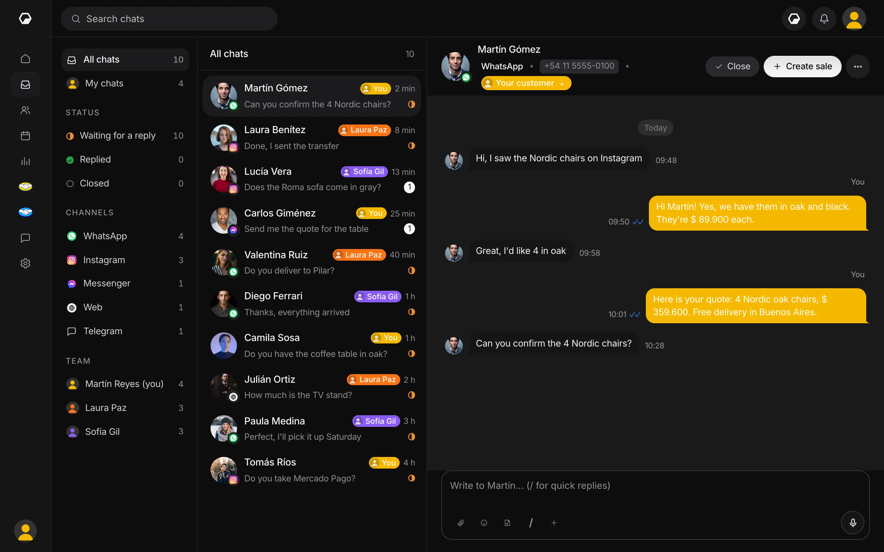 Nouz chat inbox with WhatsApp, Instagram and Messenger together