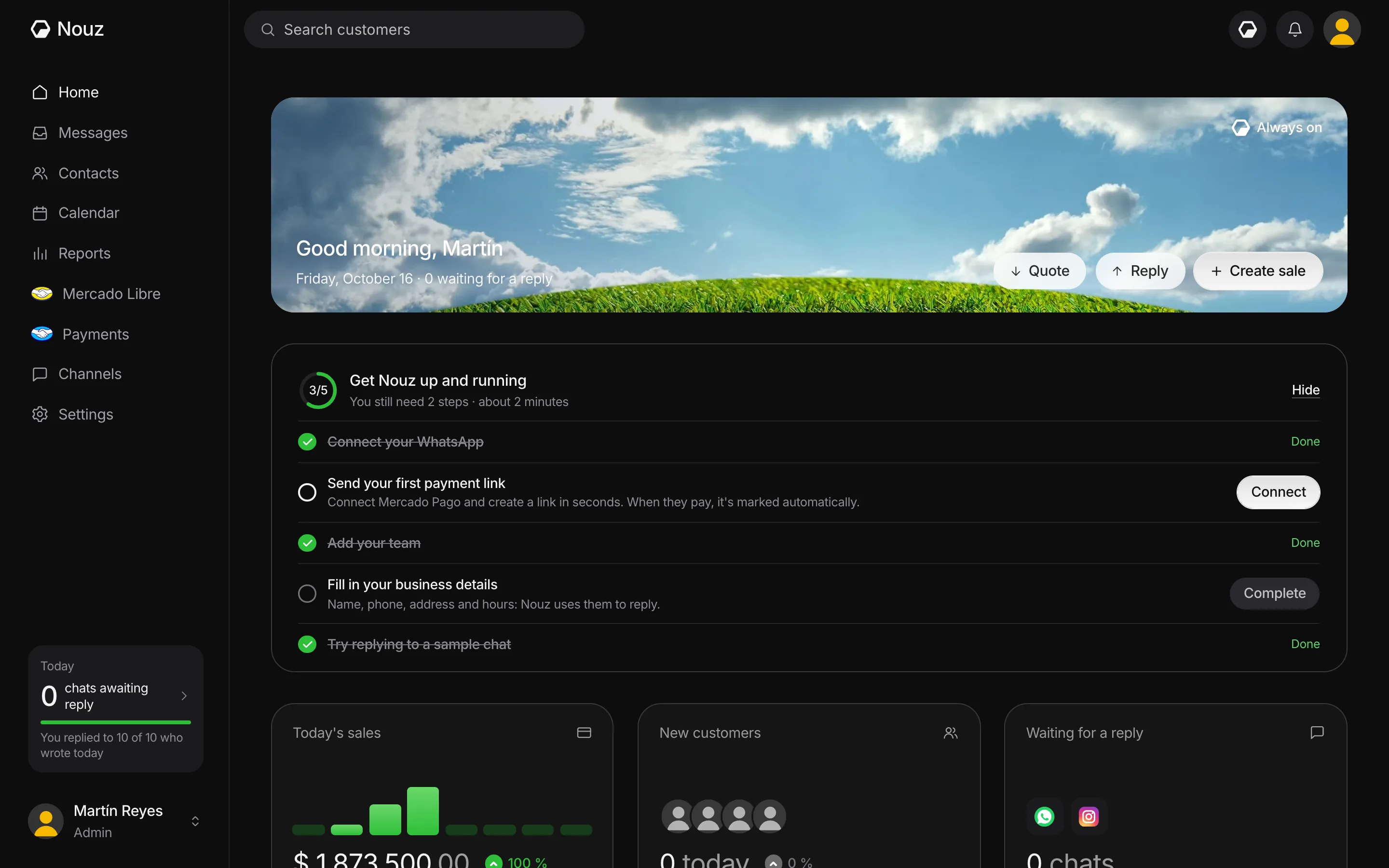 Nouz dashboard with today's sales, customers and chats